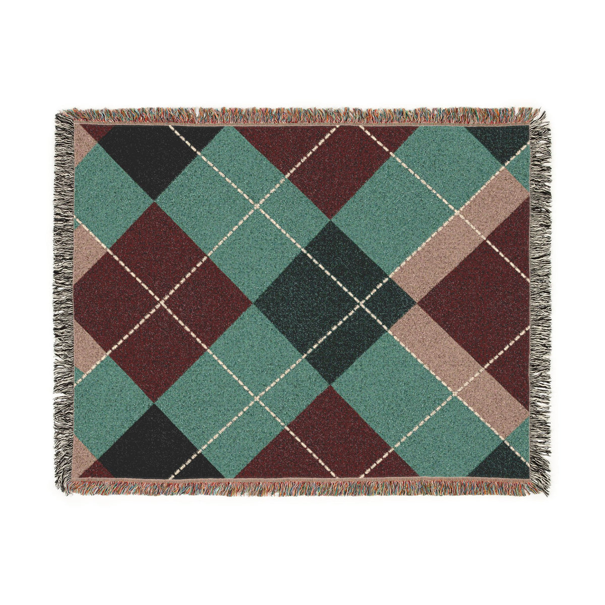 Teal Burgundy Argyle Woven Blanket | Geometric Plaid Throw