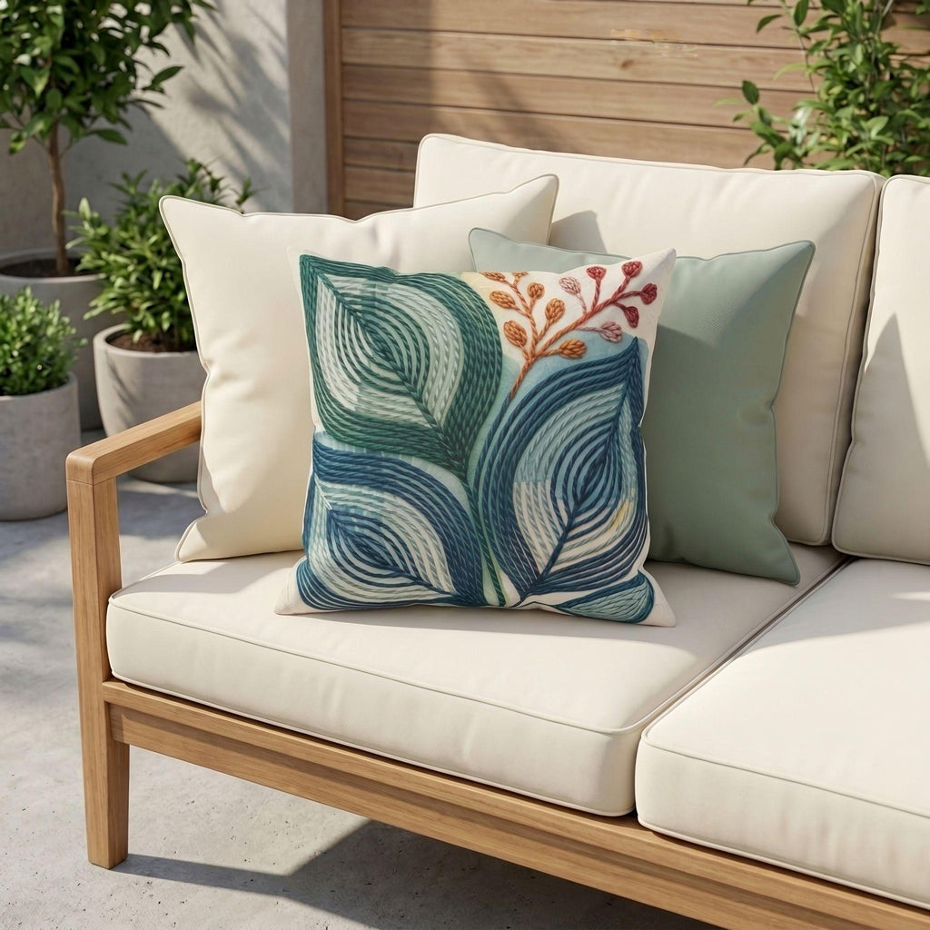 Abstract teal leaf outdoor pillow styled on patio furniture