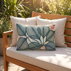 Teal blue and coral botanical outdoor pillow artwork detail
