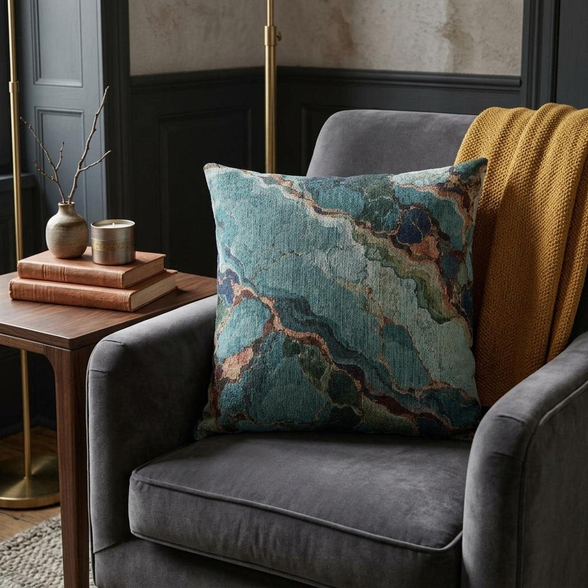 Teal Turquoise Agate Marble Woven Throw Pillow Abstract Gem Stone Veins Boho Accent Cushion Living Room