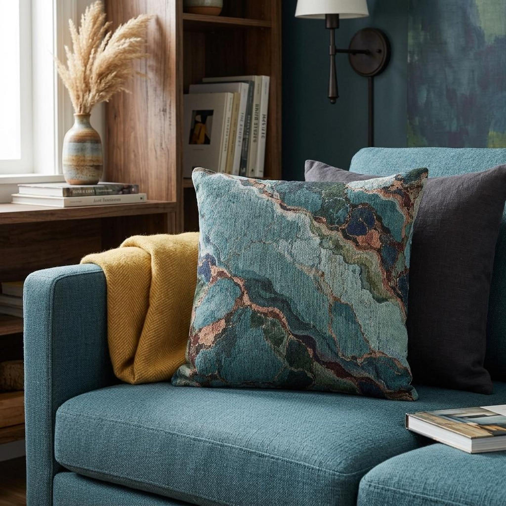 Teal Turquoise Agate Marble Woven Throw Pillow Abstract Gem Stone Veins Boho Accent Cushion Living Room