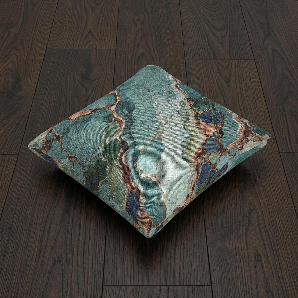 Teal Turquoise Agate Marble Woven Throw Pillow Abstract Gem Stone Veins Boho Accent Cushion Living Room