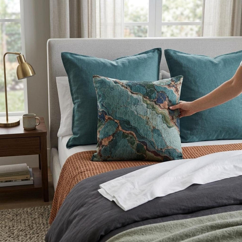 Teal Turquoise Agate Marble Woven Throw Pillow Abstract Gem Stone Veins Boho Accent Cushion Living Room