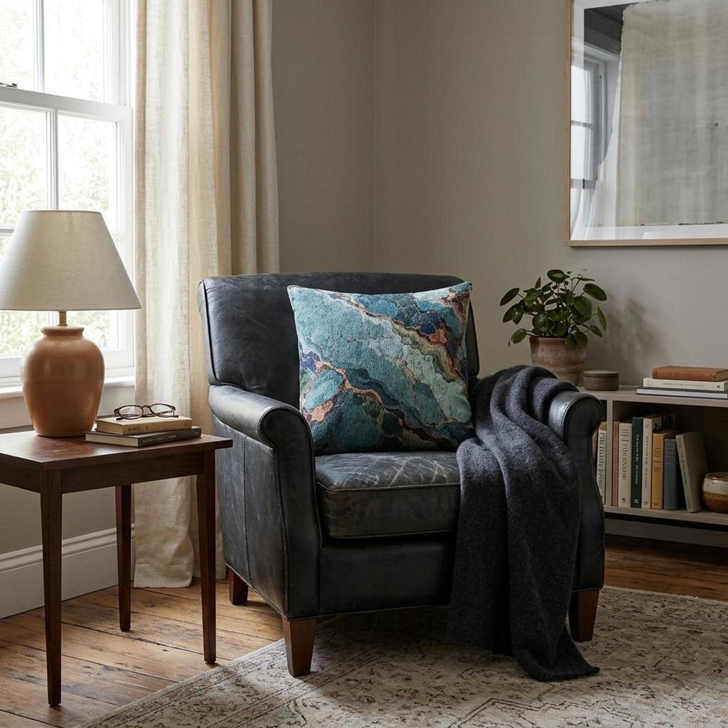 Teal Turquoise Agate Marble Woven Throw Pillow Abstract Gem Stone Veins Boho Accent Cushion Living Room