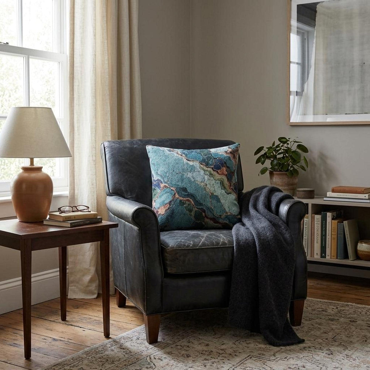 Teal Turquoise Agate Marble Woven Throw Pillow Abstract Gem Stone Veins Boho Accent Cushion Living Room