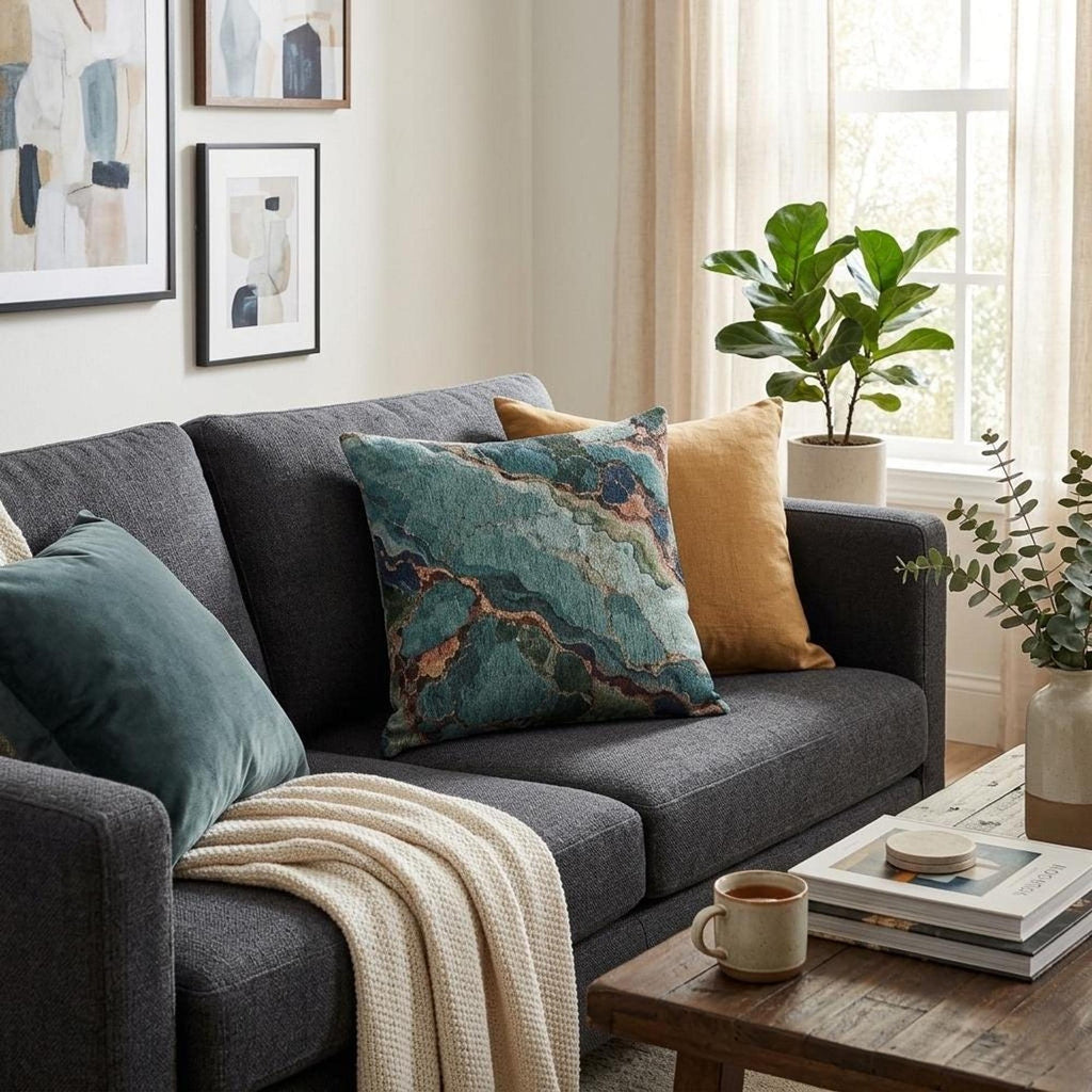Teal Turquoise Agate Marble Woven Throw Pillow Abstract Gem Stone Veins Boho Accent Cushion Living Room