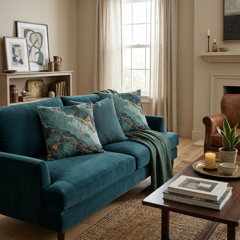 Teal Turquoise Agate Marble Woven Throw Pillow Abstract Gem Stone Veins Boho Accent Cushion Living Room