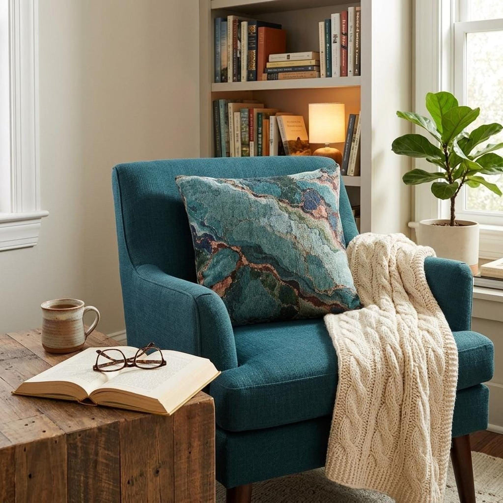 Teal Turquoise Agate Marble Woven Throw Pillow Abstract Gem Stone Veins Boho Accent Cushion Living Room