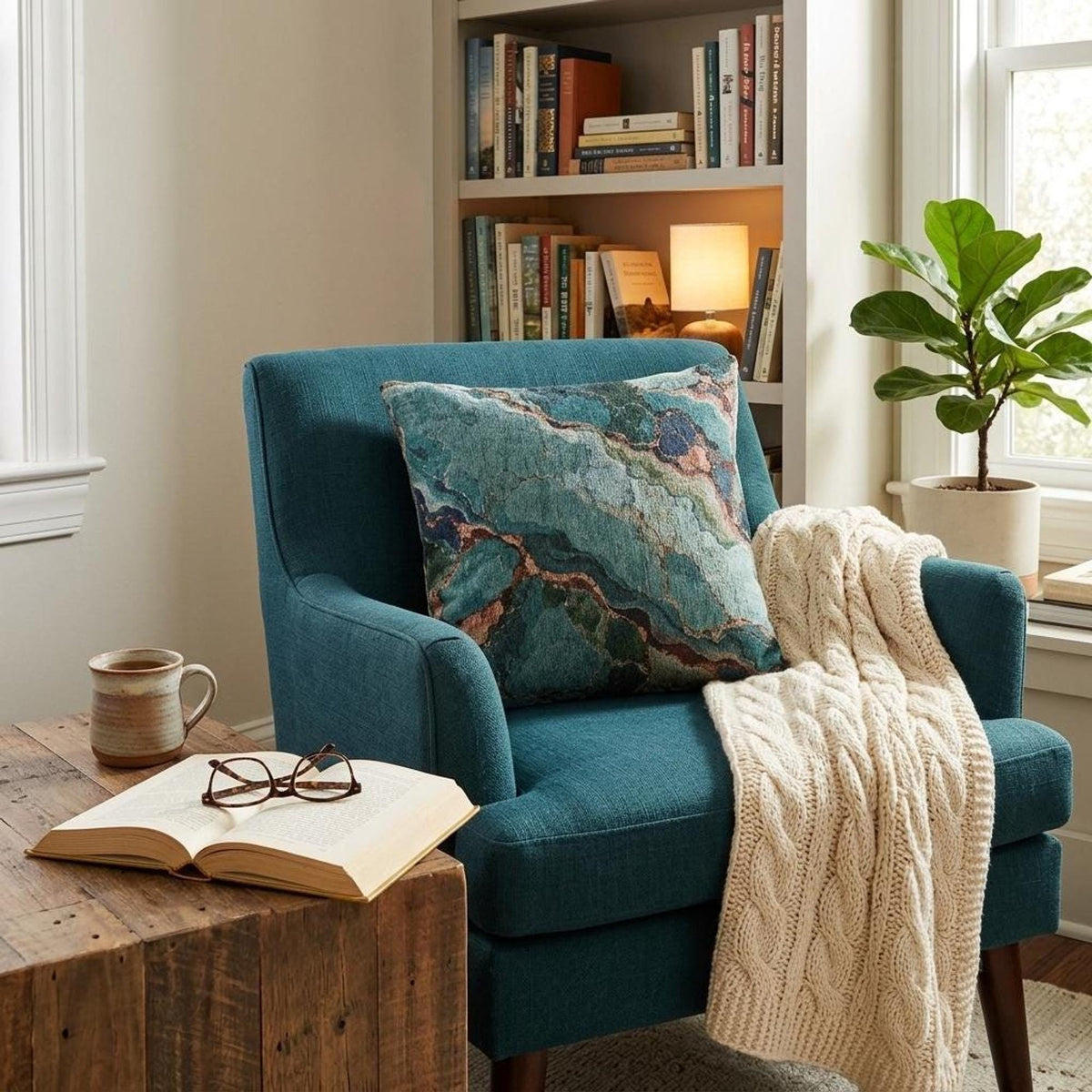Teal Turquoise Agate Marble Woven Throw Pillow Abstract Gem Stone Veins Boho Accent Cushion Living Room