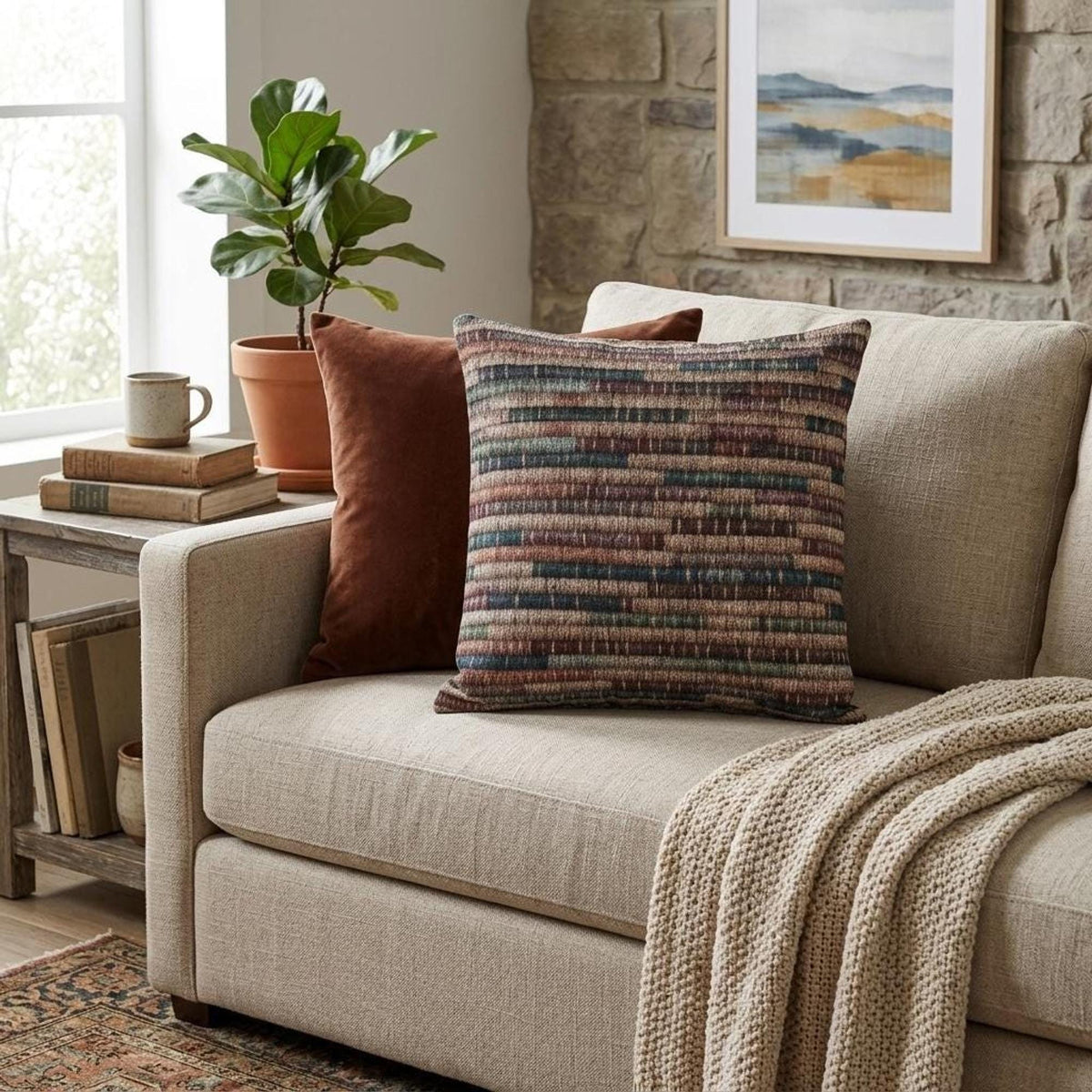 Farmhouse Pillow Cushion Basket Weave Design Rustic Boho Living Room Styling Woven Stripe Jewel Tone Teal Blue Rust…