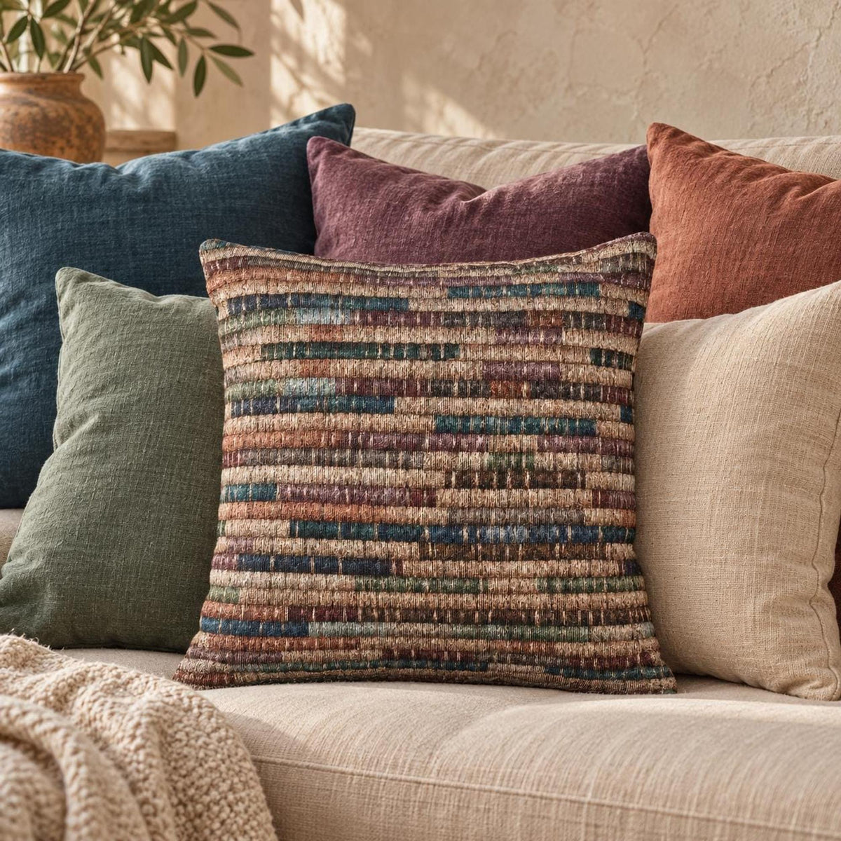 Jewel Tone Pillow Teal Blue Rust Farmhouse Cushion Basket Weave Pattern Rustic Boho Style Living Room Accent Sofa Styling…