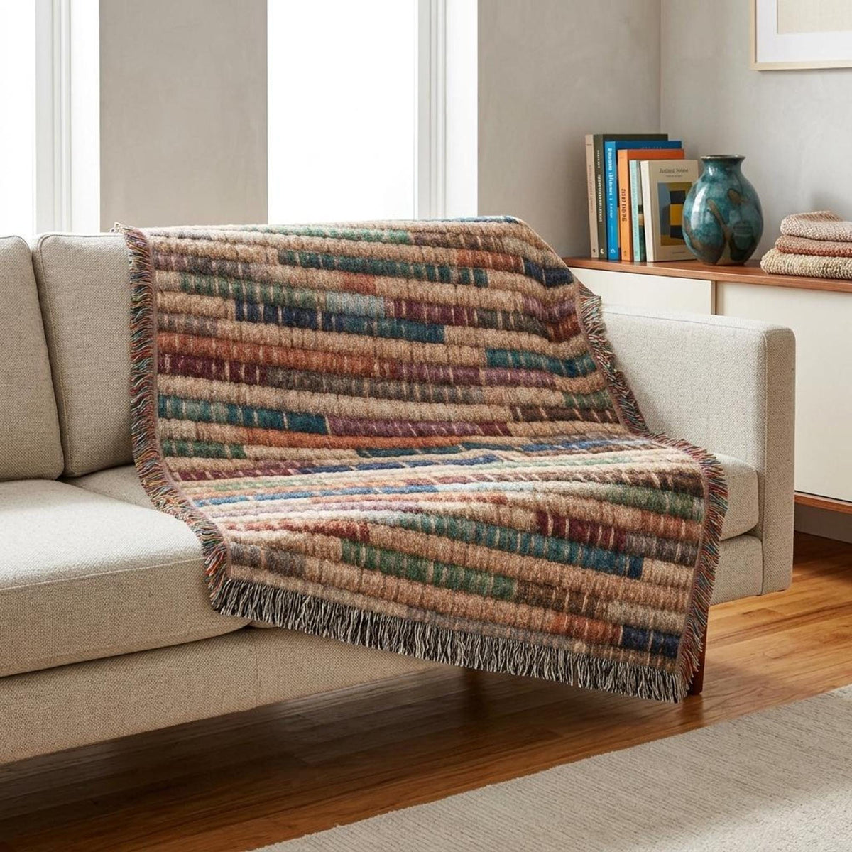 Jewel Tone Striped Woven Throw Blanket Teal Blue Rust Boho Farmhouse Basket Weave Inspired Sofa Accent