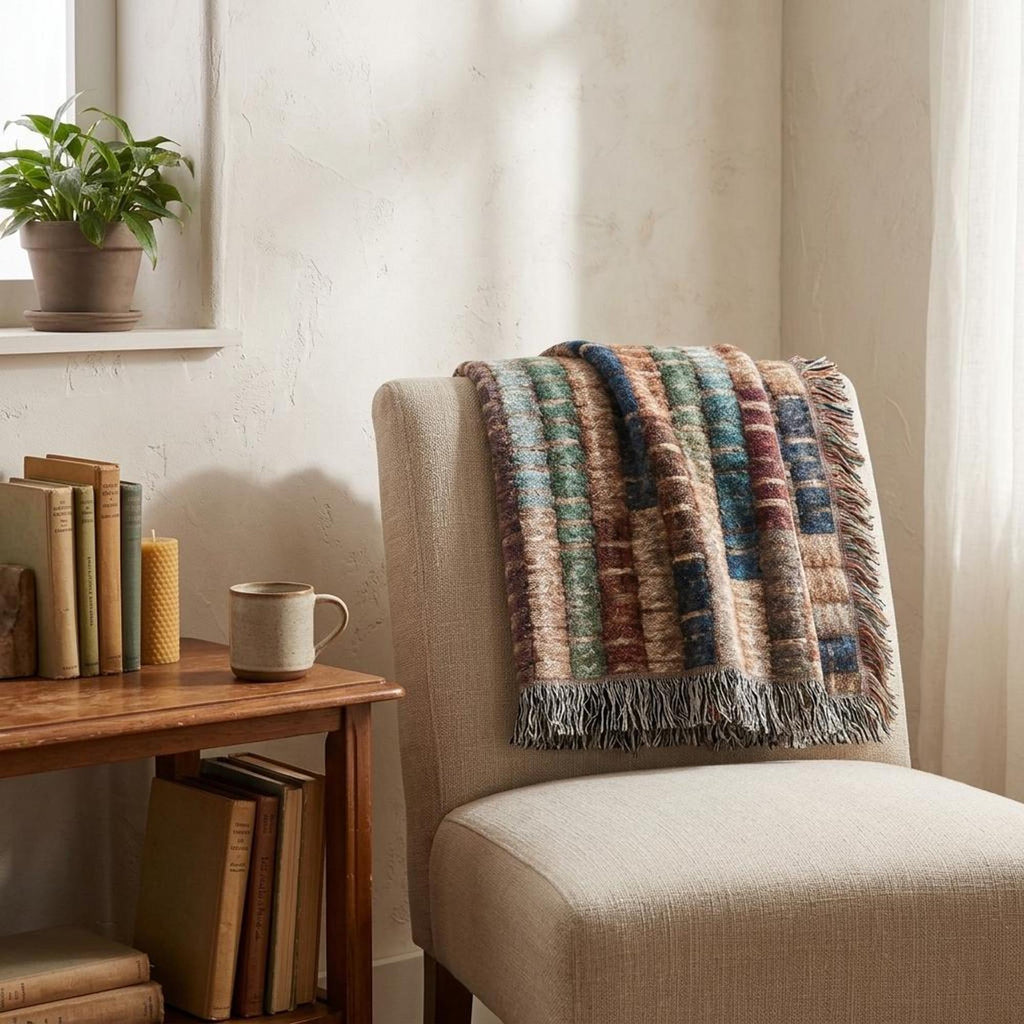 Jewel Tone Striped Woven Throw Blanket Teal Blue Rust Boho Farmhouse Basket Weave Inspired Sofa Accent