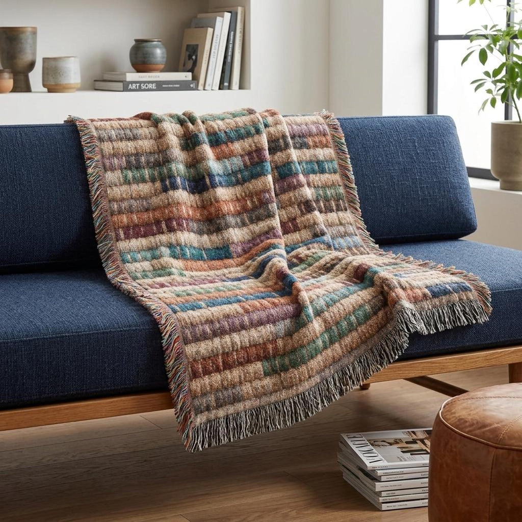 Jewel Tone Striped Woven Throw Blanket Teal Blue Rust Boho Farmhouse Basket Weave Inspired Sofa Accent