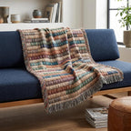 Jewel Tone Striped Woven Throw Blanket Teal Blue Rust Boho Farmhouse Basket Weave Inspired Sofa Accent