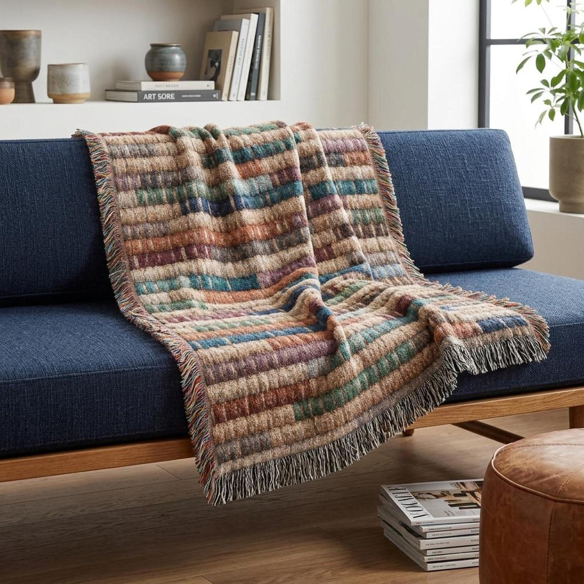 Jewel Tone Striped Woven Throw Blanket Teal Blue Rust Boho Farmhouse Basket Weave Inspired Sofa Accent