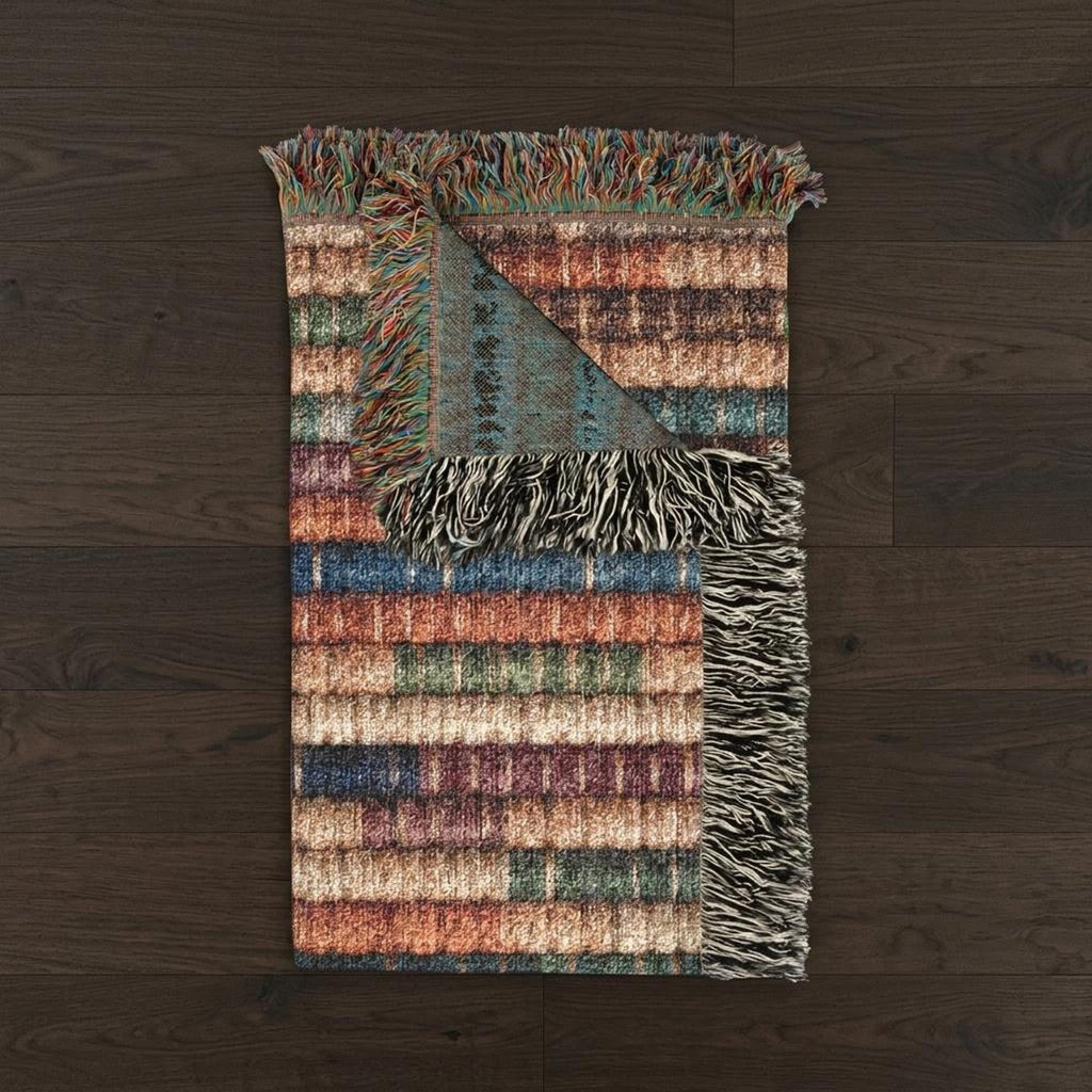 Jewel Tone Striped Woven Throw Blanket Teal Blue Rust Boho Farmhouse Basket Weave Inspired Sofa Accent