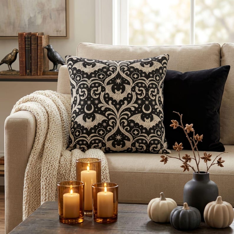 Gothic Bat Damask Woven Pillow product detail image