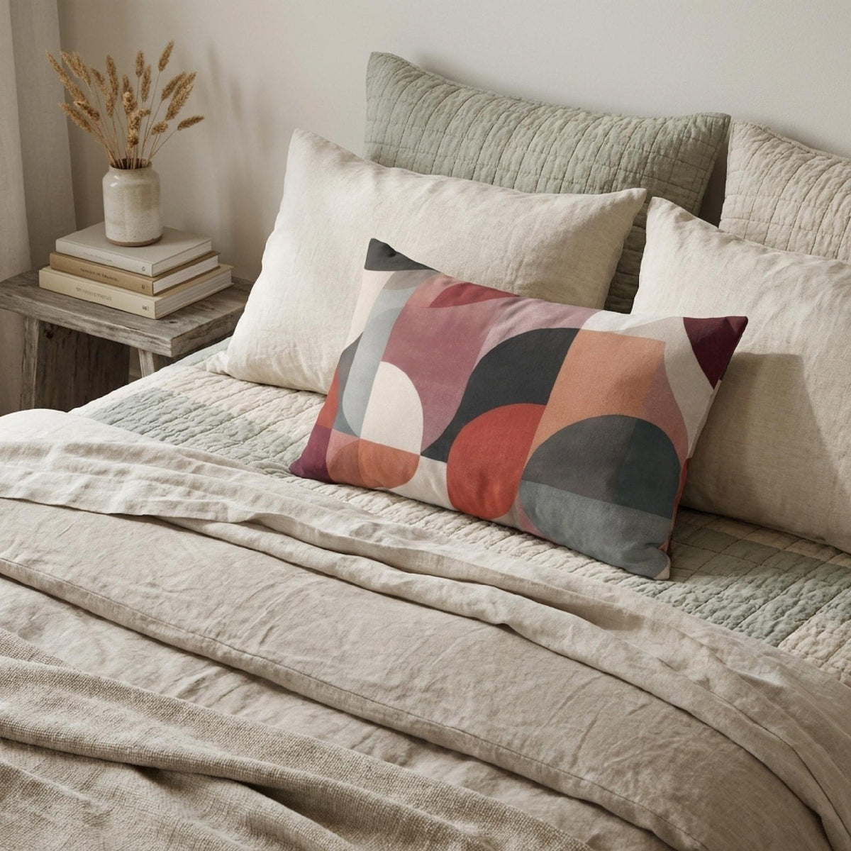 Bauhaus circles geometric lumbar pillow styled on a neutral bed