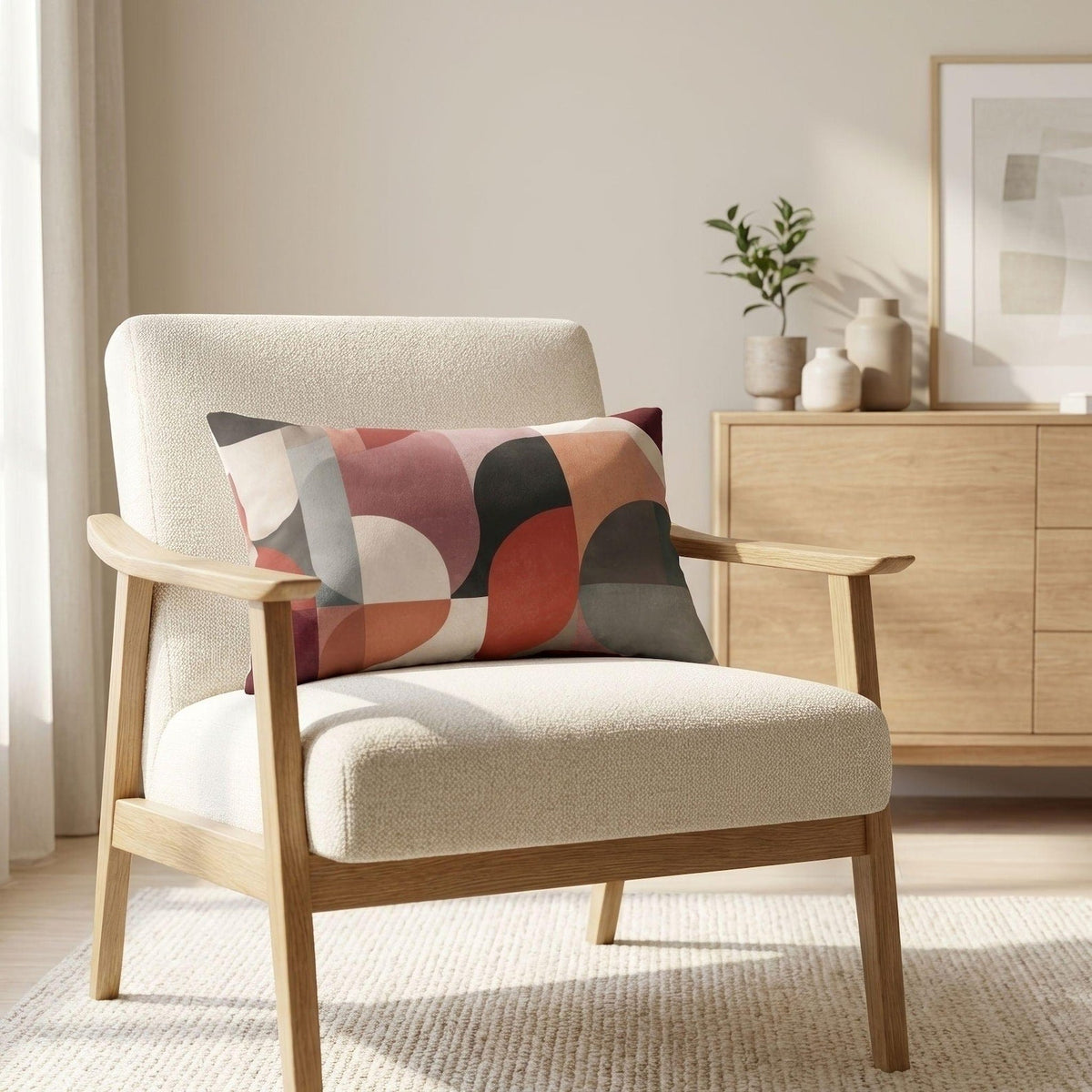 Bauhaus circles mid-century lumbar pillow styled on a light wood accent chair