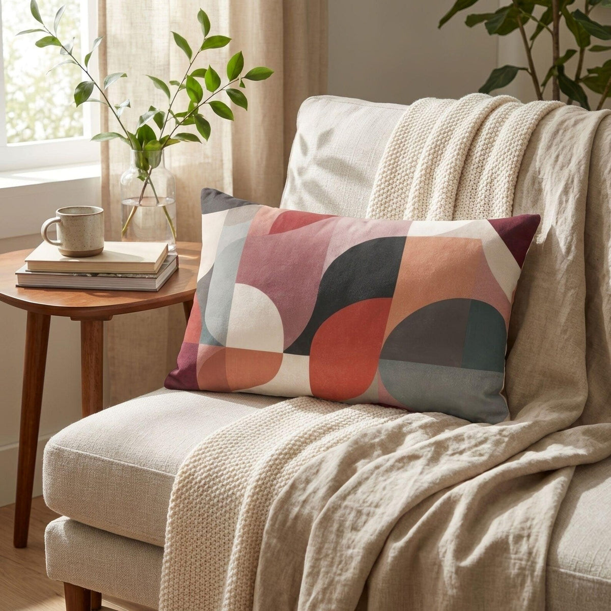Bauhaus circles geometric lumbar pillow styled on a cozy cream chair