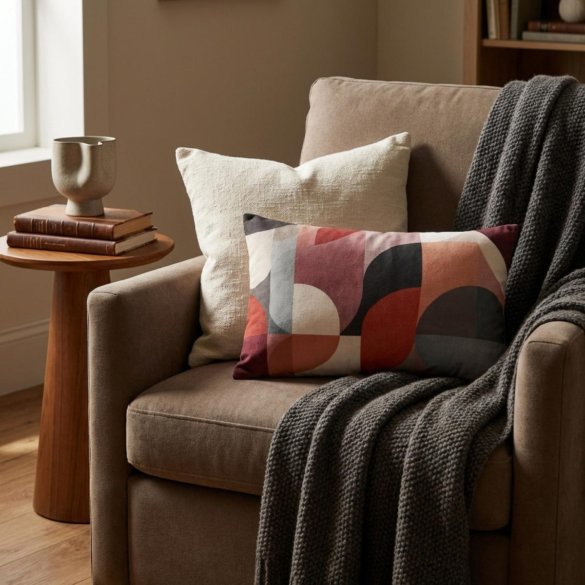 Bauhaus circles mid-century lumbar pillow styled on a dark brown chair