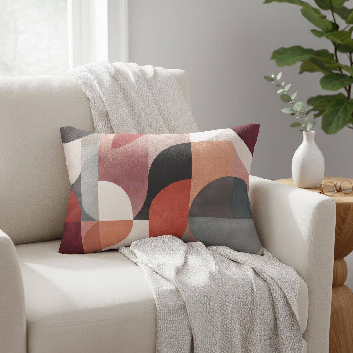 Bauhaus circles mid-century lumbar pillow styled on a white armchair