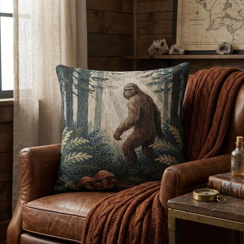 Bigfoot Woodland Scene Woven Pillow | Sasquatch Forest Tapestry Cushion