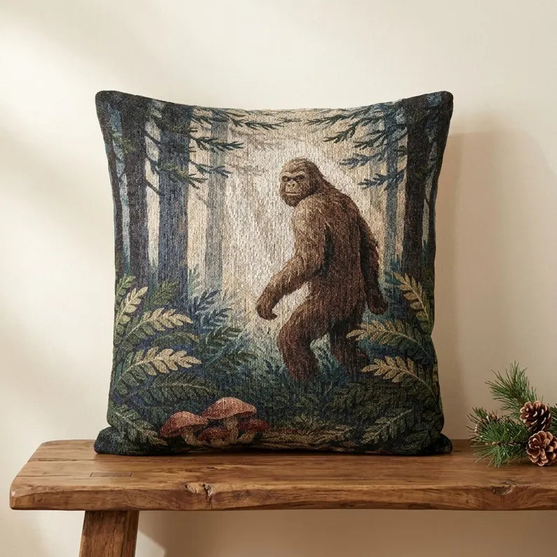 Bigfoot Woodland Scene Woven Pillow | Sasquatch Forest Tapestry Cushion