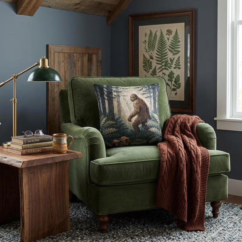 Bigfoot Woodland Scene Woven Pillow | Sasquatch Forest Tapestry Cushion