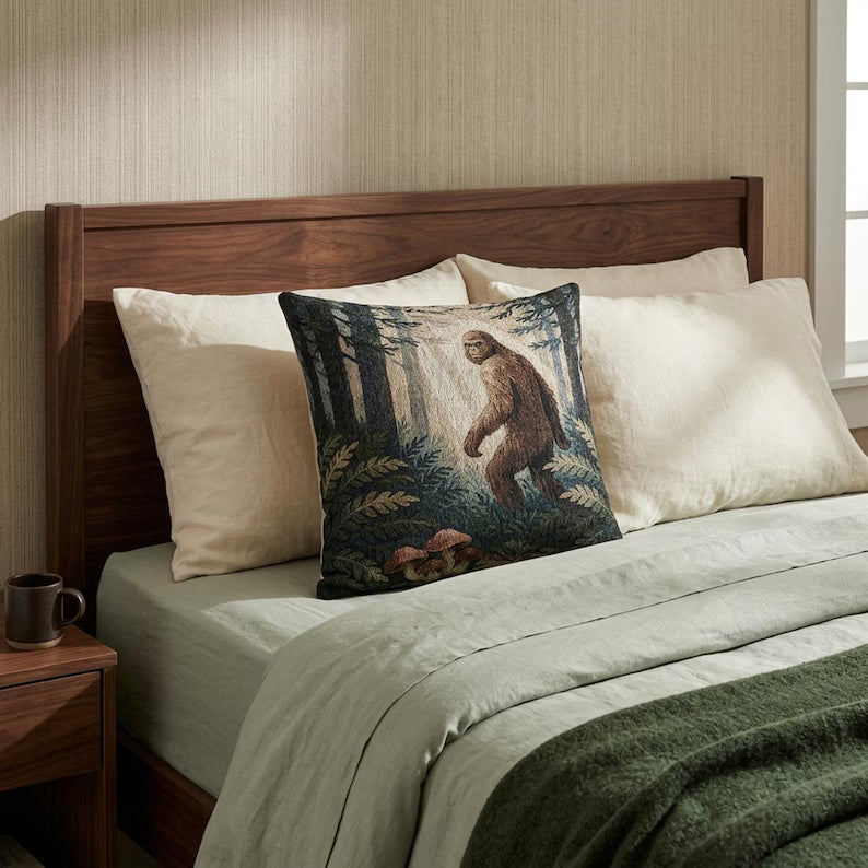 Bigfoot Woodland Scene Woven Pillow | Sasquatch Forest Tapestry Cushion