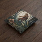 Bigfoot Woodland Scene Woven Pillow | Sasquatch Forest Tapestry Cushion