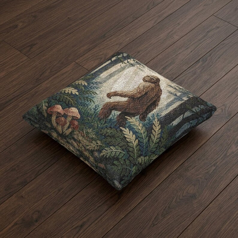Bigfoot Woodland Scene Woven Pillow | Sasquatch Forest Tapestry Cushion