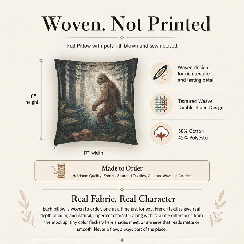 Bigfoot Woodland Scene Woven Pillow | Sasquatch Forest Tapestry Cushion