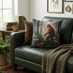 Bigfoot Woodland Scene Woven Pillow | Sasquatch Forest Tapestry Cushion