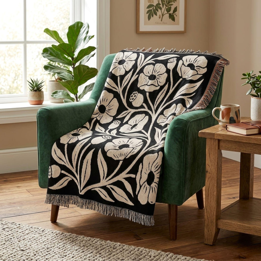 Black and cream oversized poppy woven blanket with large blooms seed pods leaves and decorative fringe