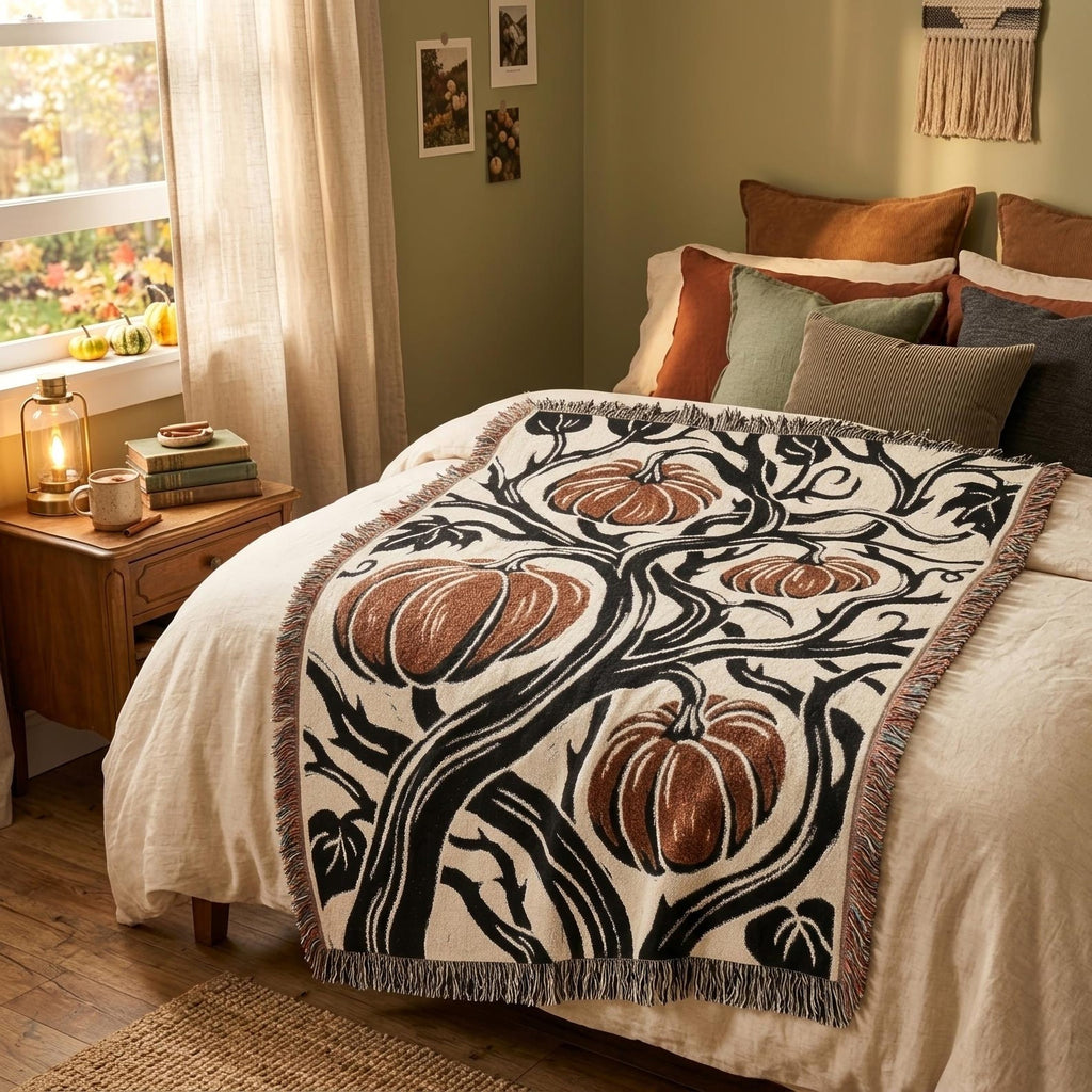 Gothic pumpkin vine woven throw blanket styled across a bed