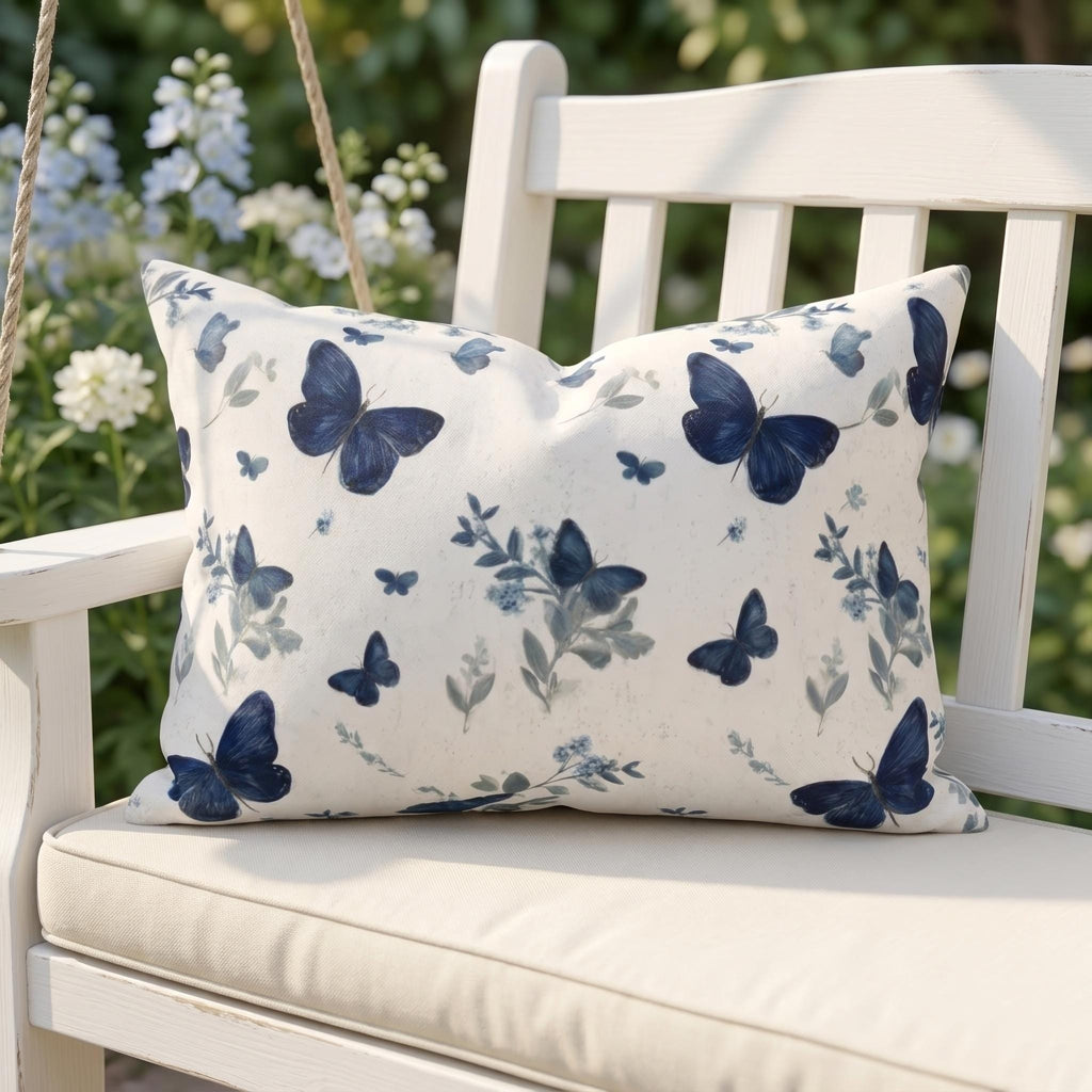 Blue butterfly outdoor pillow styled in a garden seating area