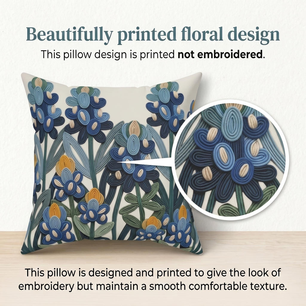 Close-up showing the printed embroidery-look bluebonnet artwork; design is printed, not embroidered