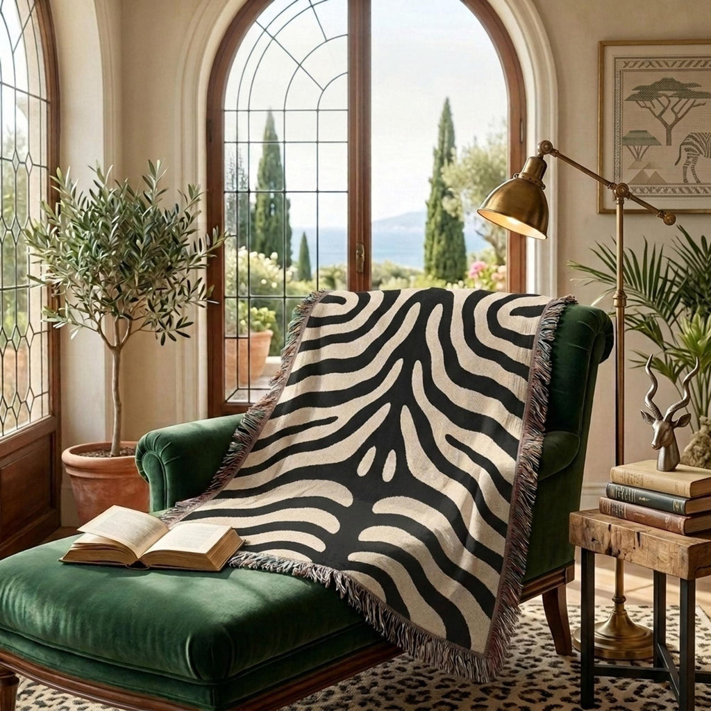 Bold black and cream zebra print woven throw blanket styled on a chair