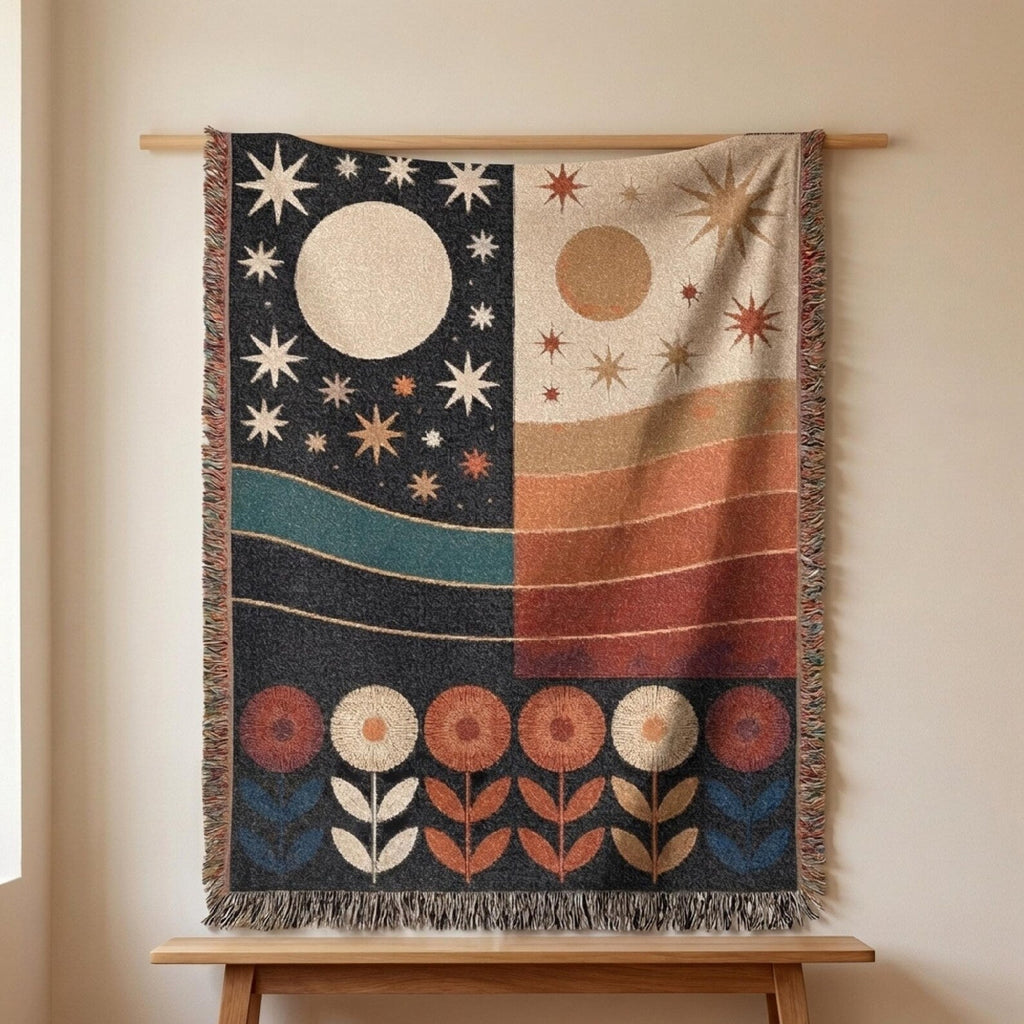 Celestial sun and moon woven throw blanket displayed as wall art