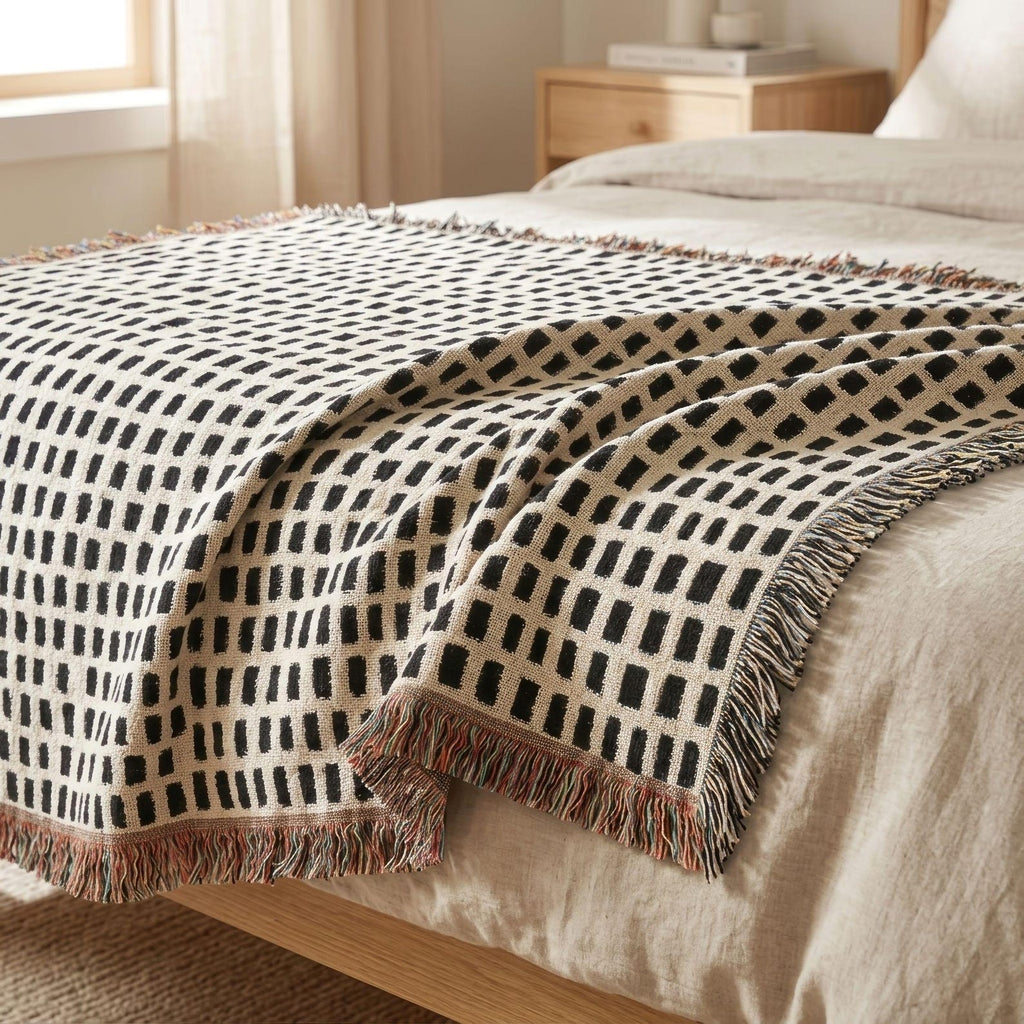 Cream and black hand-drawn grid woven blanket styled on a neutral bed