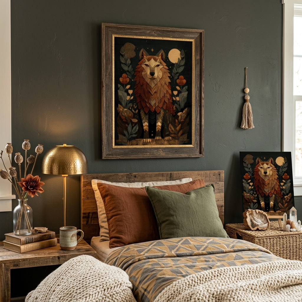 Ancestral Wolf Tapestry Print | Folk Woodland Wall Art