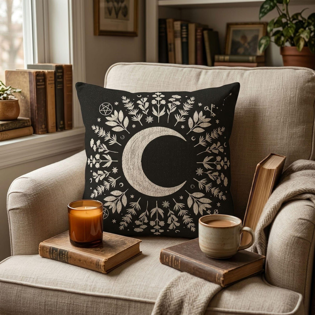 Crescent Moon Botanical Woven Pillow styled lifestyle image
