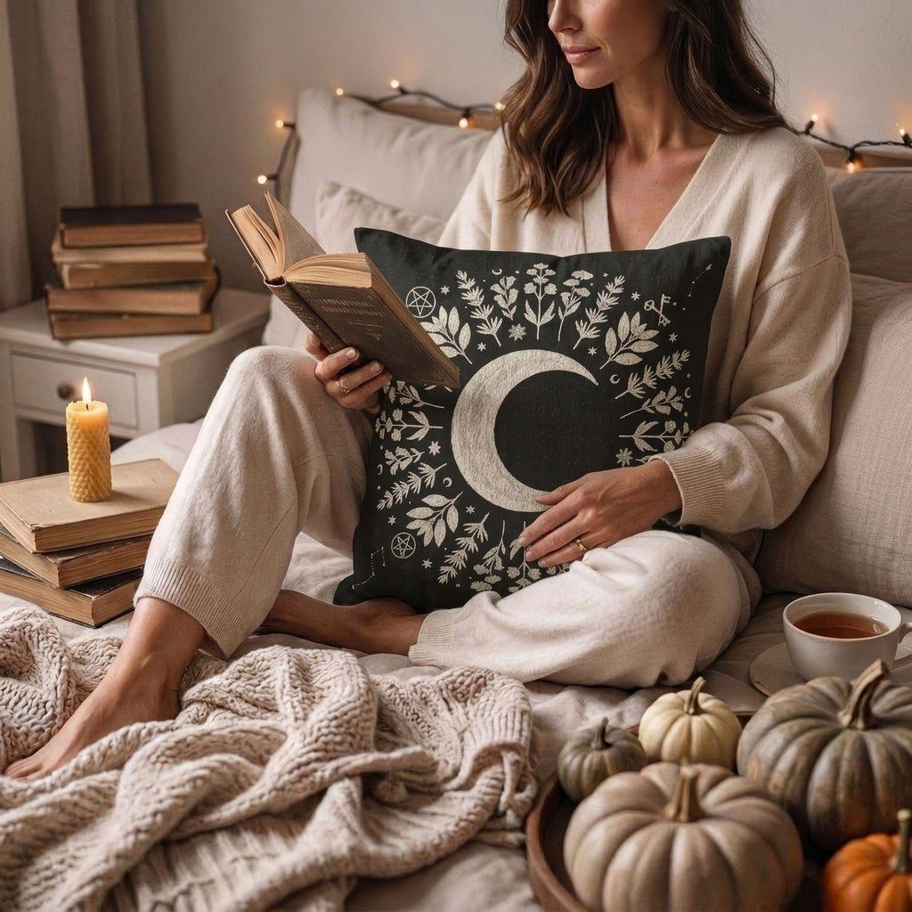 Crescent Moon Botanical Woven Pillow product detail image