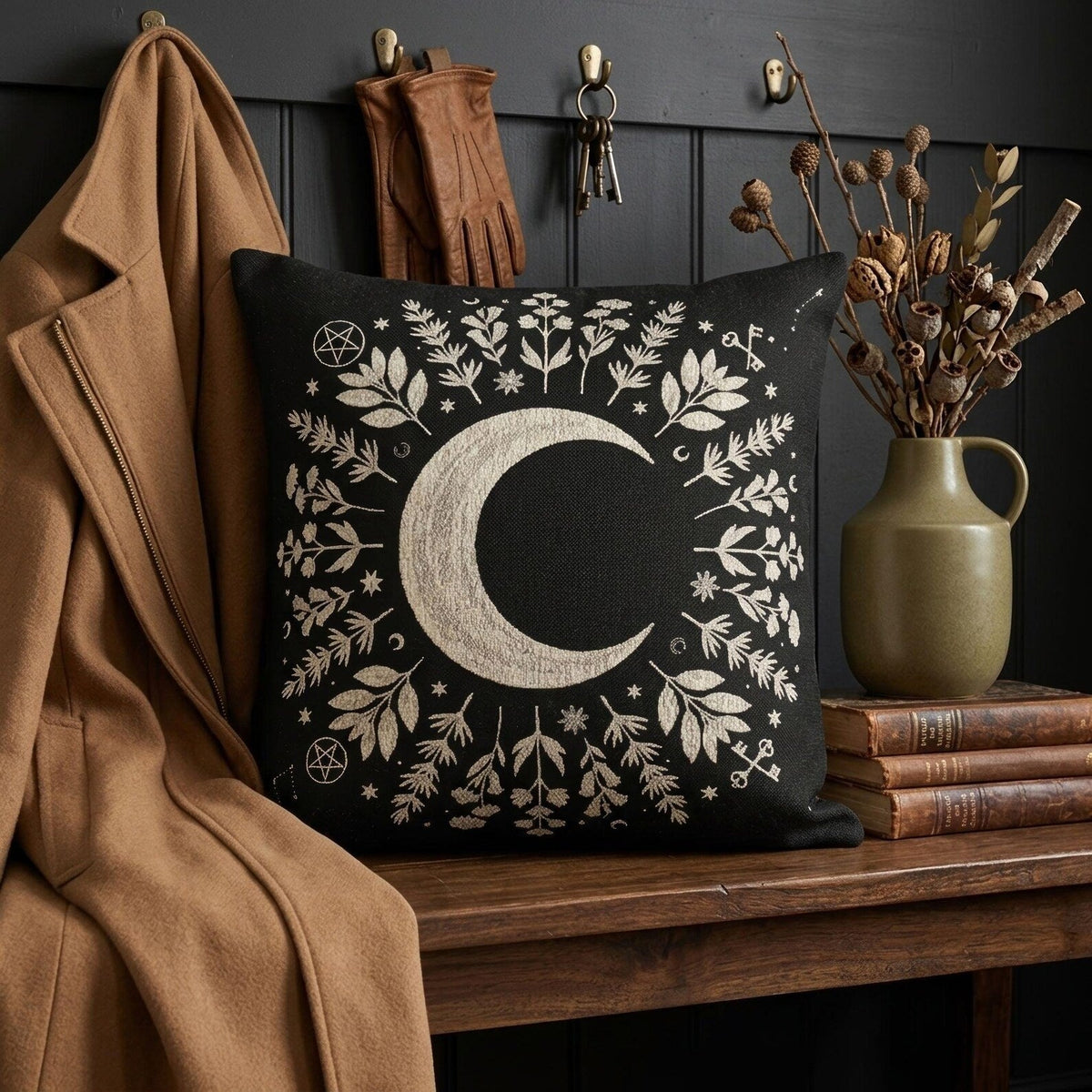 Crescent Moon Botanical Woven Pillow product detail image