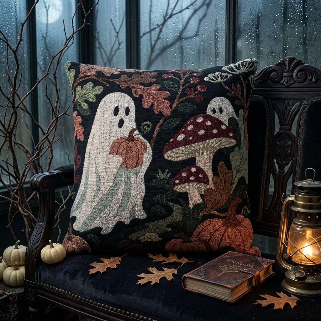 Ghosts & Mushrooms Woven Pillow styled lifestyle image