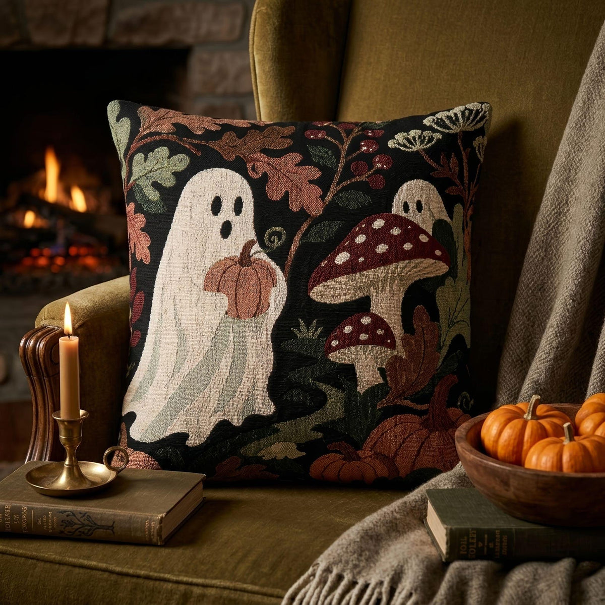 Ghosts & Mushrooms Woven Pillow product detail image