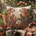 Horseshoe floral outdoor pillow styled on a patio