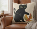 Folk Black Cat Pawing Yarn Pillow | Mid-Century Appliqué Style Decorative Pillow
